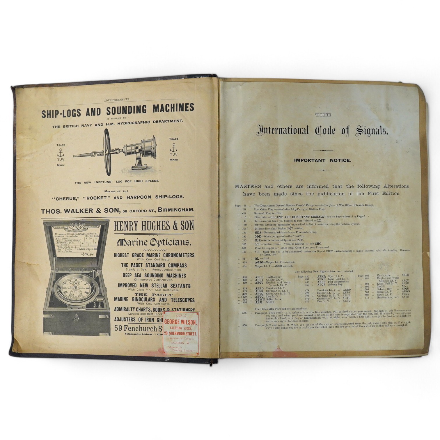 The International Code of Signals for the Use of All Nations. (revised edition). num. coloured illus. of flags (etc.) on 8 plates, and with semaphore / more b/w. illus.; original morocco backed cloth, 4to. published for